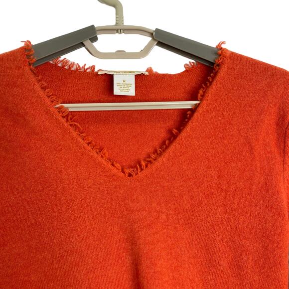 Peck & Peck Womens 100% Cashmere V Neck Sweater Burnt Orange Fringe M/S - Picture 3 of 6